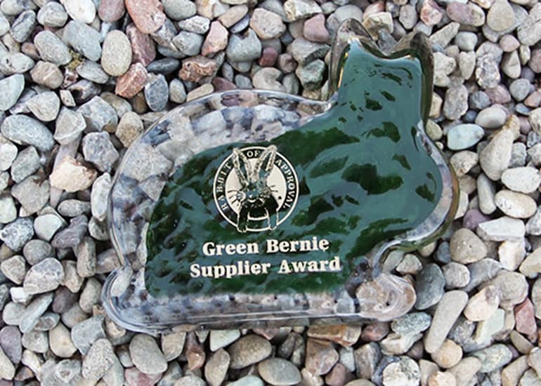 An award that says "Green Bernie Supplier Award" laying down on rocks